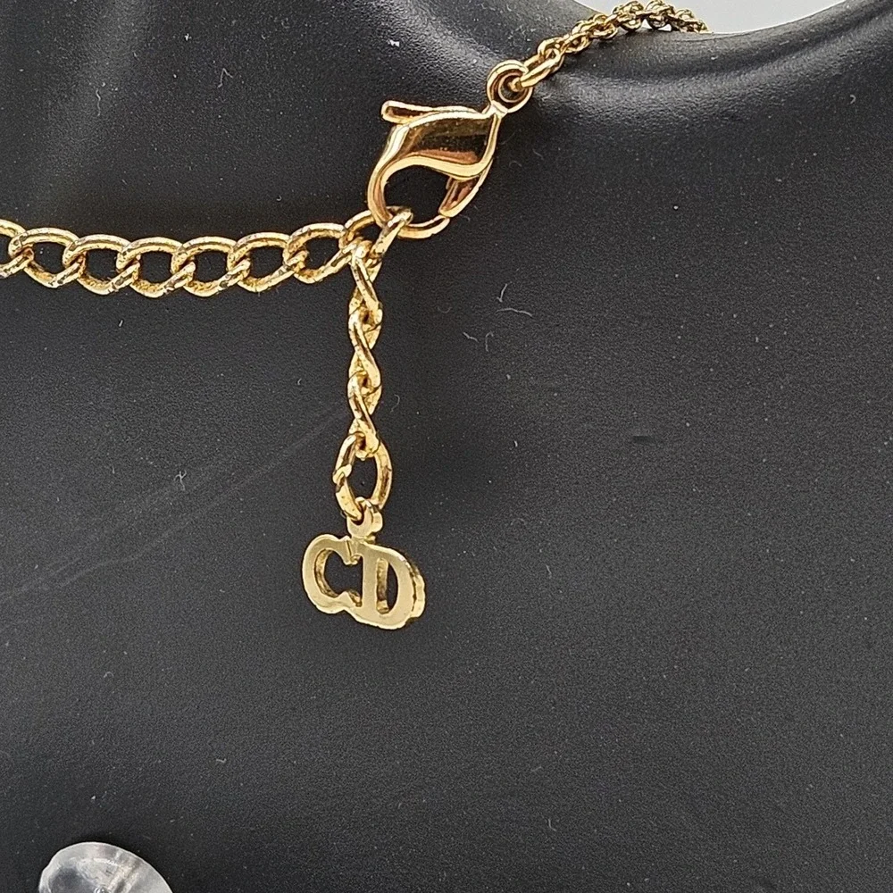 Christian Dior Vintage Monogram Oblique Pendant Necklace‎ Gold Tone Blue Logo